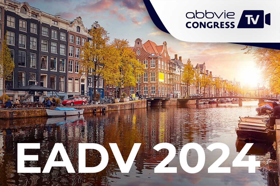 Ansicht einer Gracht von Amsterdam. Mit weißer Schrift der Text: EADV 2024. Oben rechts das Logo von abbvie Congress TV