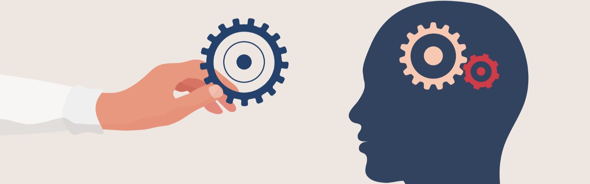 Therapeut oder Arzt Hand hält eine Ausrüstung für als Symbol der psychischen Versorgung. Kopf mit Zahnrädern.