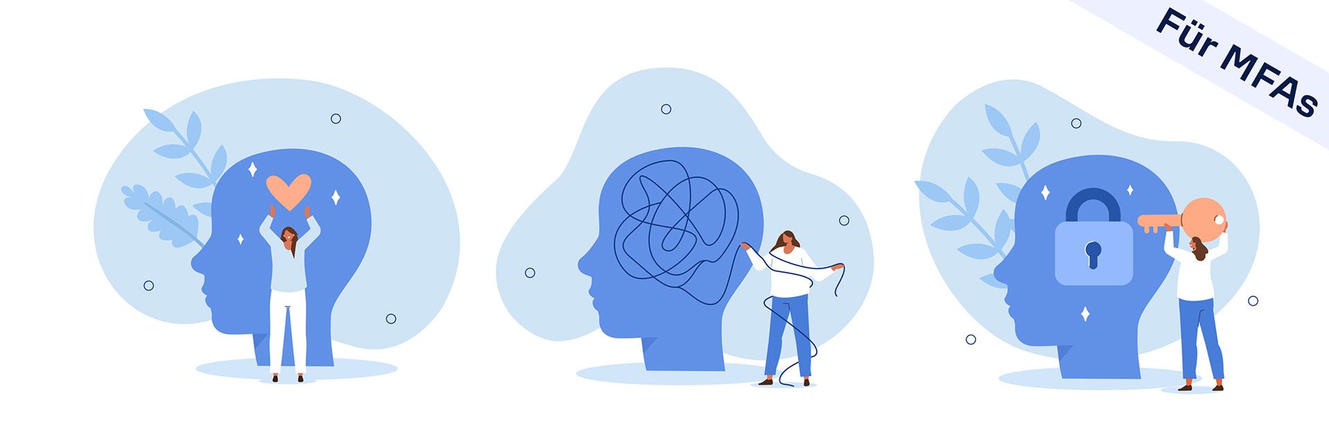 Zeichnung dreier Köpfe, vor denen je eine Person steht