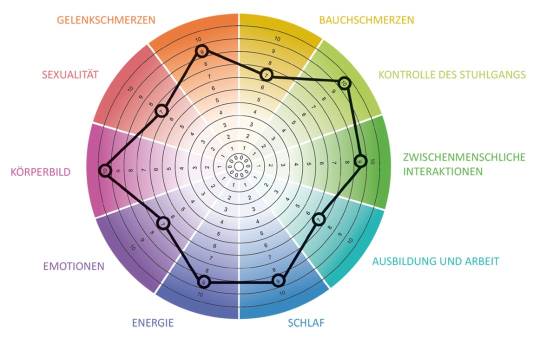 Abbildung 1: Abbildung einer ausgefüllten CED-Disk - der Patient beschreibt auf einer Skala von 1 bis 10, wie stark die jeweilige Kategorie durch die Erkrankung beeinflusst wird (0 = keine Einschränkung; 10 = starke Einschränkung).
