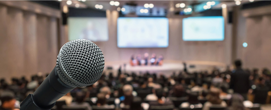 Mikrofon auf Ständer im Vordergrund, dahinter ein Konferenzsaal und Plenum