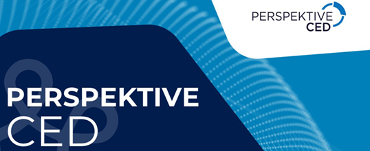 Weißer Schriftzug "Perspektive CED Übersicht" vor dunkel - und hellblauem abstrakten Hintergrund