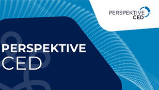 Weißer Schriftzug "Perspektive CED Übersicht" vor dunkel - und hellblauem abstrakten Hintergrund