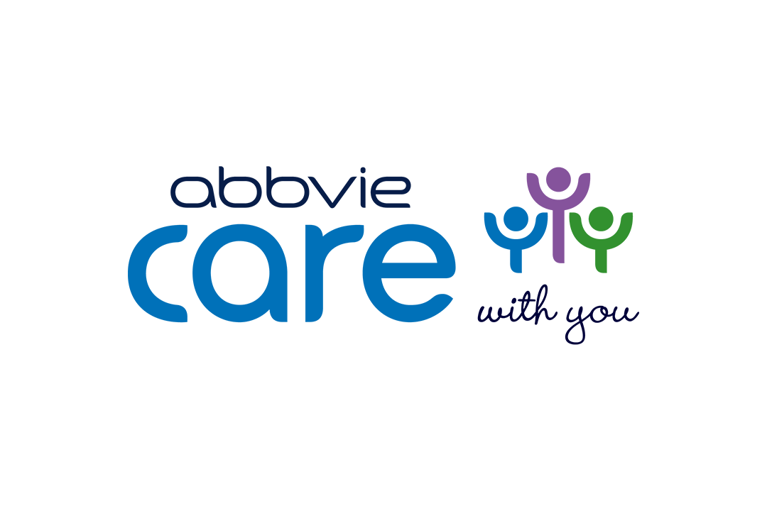 Blau grünes AbbVie Care Logo mit Aufschrift "AbbVie Care with you"