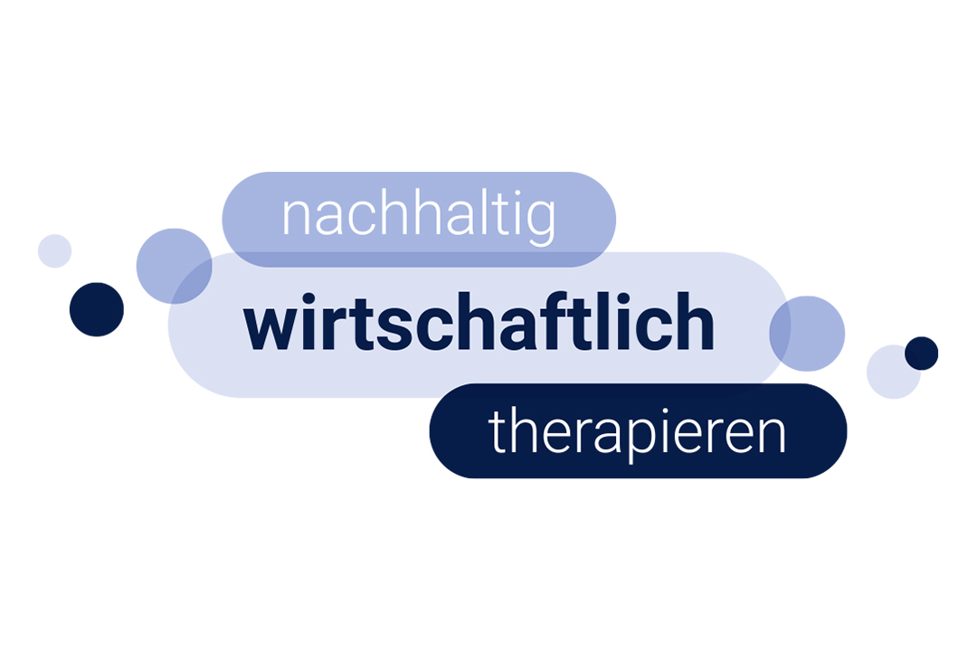 Grafik mit den Wörtern 'nachhaltig', 'wirtschaftlich' und 'therapieren' in verschiedenen Blautönen, die in geometrischen Blasen angeordnet sind.