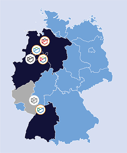 Abbildung von Deutschland mit den jeweiligen Logos der Parkinsonnetz+ direkt in der Karte verortet