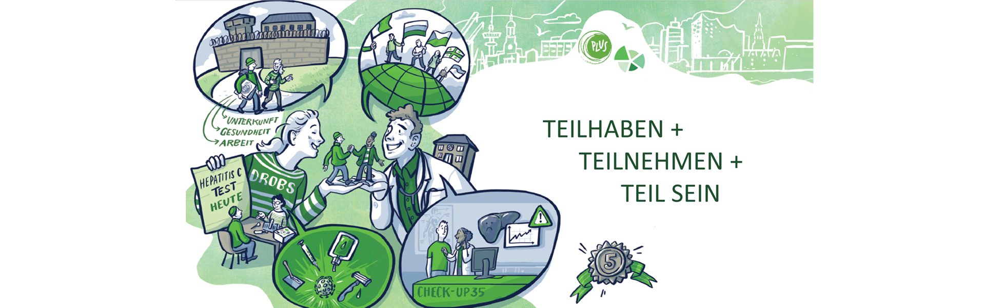 Graphic Novel mit gezeicheneten Bildern zum Thema HCV und den Worten: Teilhaben + Teilnehmen + Teil sein