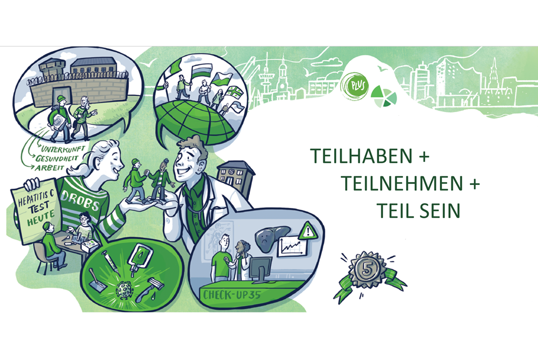 Graphic Novel mit gezeicheneten Bildern zum Thema HCV und den Worten: Teilhaben + Teilnehmen + Teil sein
