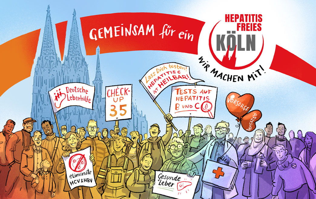 Postkarte mit Dom im Hintergrund. Vorne stehen Menschen mit Plakaten, die Plakate für Tests, Check-up35 und der Leberhilfe e.V. hochhalten.