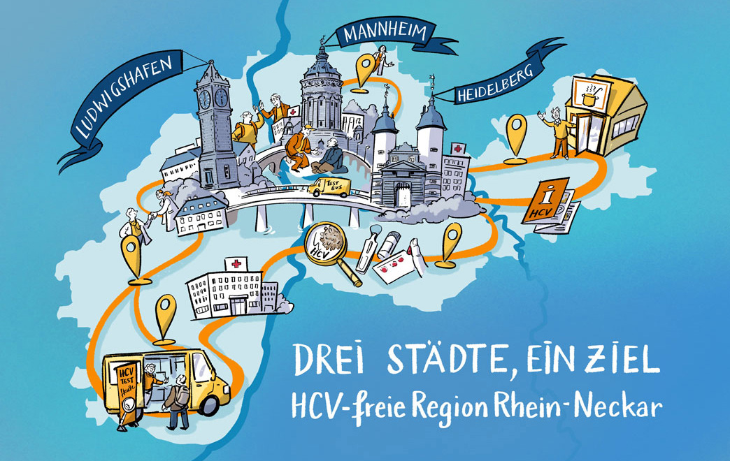 Postkarte mit Rhein-Neckar-Region: Die Vernetzung zwischen den Städten Ludwigshafen, Mannheim und Heidelberg sind mit Wegen und Brücken eingezeichnet. Hier sind Testbusse, Testsymbole, miteinander interagierende Menschen (Health Advisor, Ärzt*innen und Sozialarbeiter*innen, Betroffene) zu sehen
