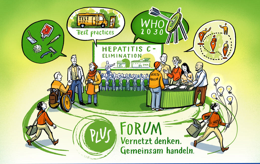 Postkarte mit Menschengruppe im Mittelpunkt. Sie tauschen sich aus und über ihren Köpfen sind Sprechblasen abgebildet: Hier sind Tests, Viren, ein Testbus, die WHO-2030-Ziele und Vernetzung symbolisch abgebildet.
