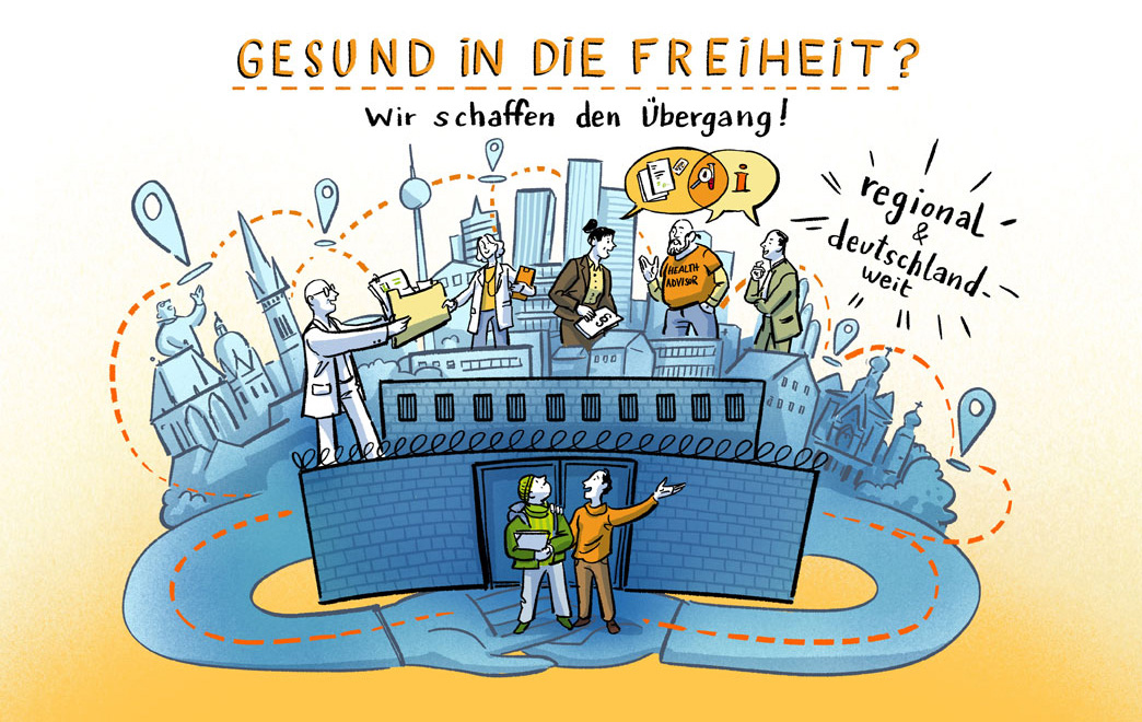 Postkarte mit Gefängnis in der Mitte. Im Hintergrund ist eine Skyline von verschiedenen deutschen Städten, sowie ein Health Advisor, Ärzt*innen und Sozialarbeiter*innen abgebildet. Sie stehen im Austausch miteinander. Vor dem Gefängnis stehen zwei Personen, die eine verlässt gerade die Haft und die zweite zeigt ihr den Weg heraus.