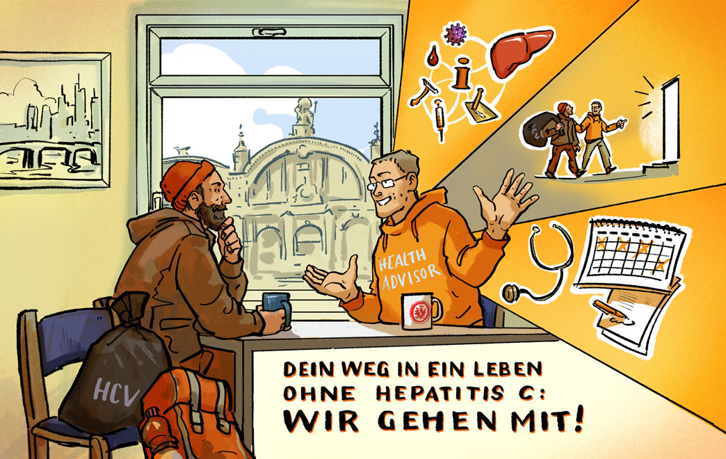 Postkarte mit Health Advisor in Interaktion mit betroffener Person im Vordergrund. Im Hintergrund ist das Bahnhofsgebäude zu sehen. Die Unterstützung bei der Therapie von HCV durch den Health Advisor wird anhand von Symbolen abgebildet.