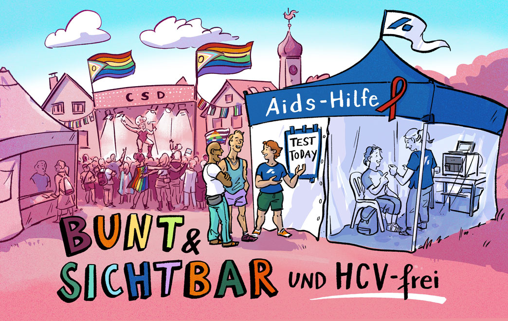 Postkarte mit CSD im ländlichen Setting. Vorne ist ein Pavillon der Aidshilfe Ulm.