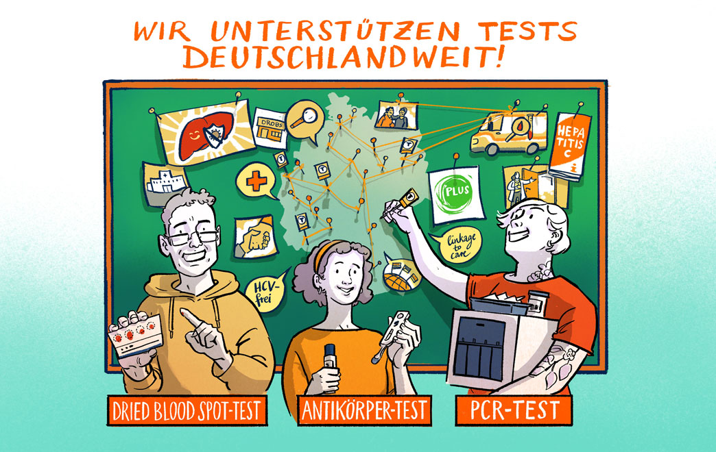 Postkarte auf der verschiedene HCV-Testarten abgebildet sind. Im Hintergrund ist eine Deutschlandkarte zu sehen.