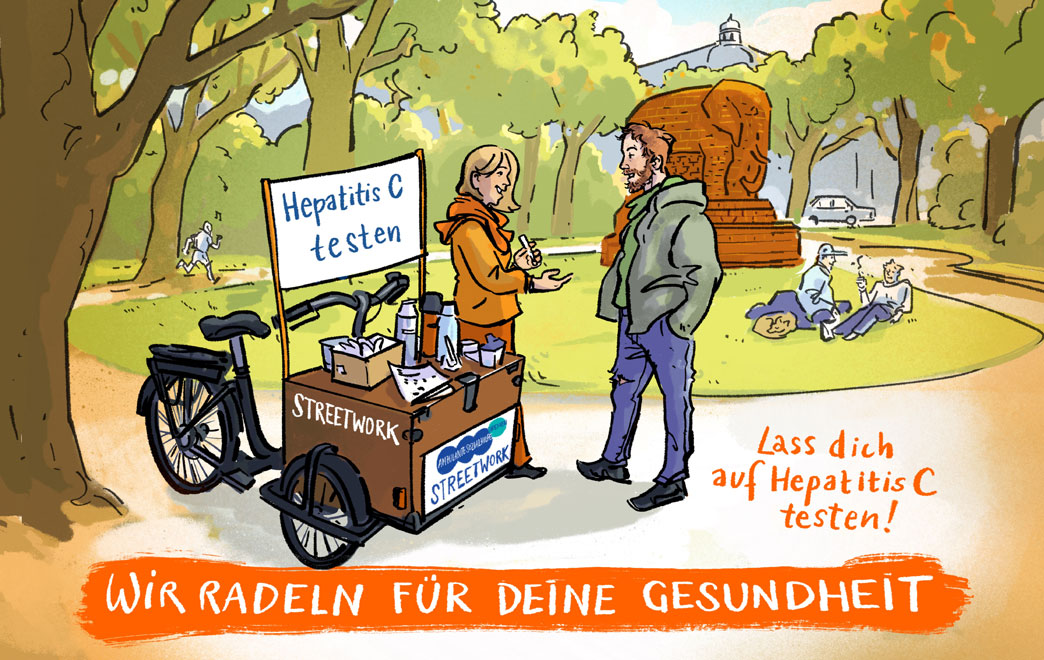 Postkarte mit mobilem Testrad in Parkumgebung. Bremer Elefant im Hintergrund der Karte.