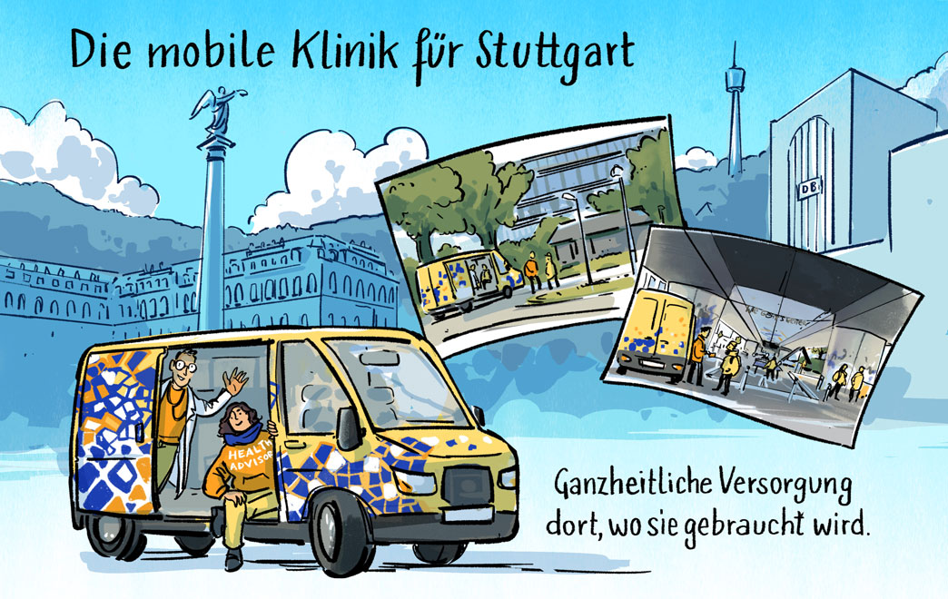 Postkarte mit Stuttgart im Hintergrund. Im Vordergrund ist der Testbus abgebildet, sowie zwei Testsituationen in denen der Testbus sowie die Mitarbeiter*innen der Aidshilfe im Einsatz gezeigt werden.