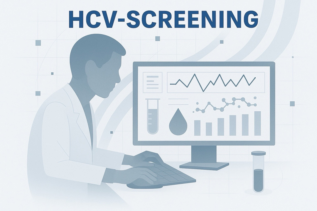 Arzt betrachtet Blutproben und HCV-Daten auf einem Monitor während eines Screenings. 