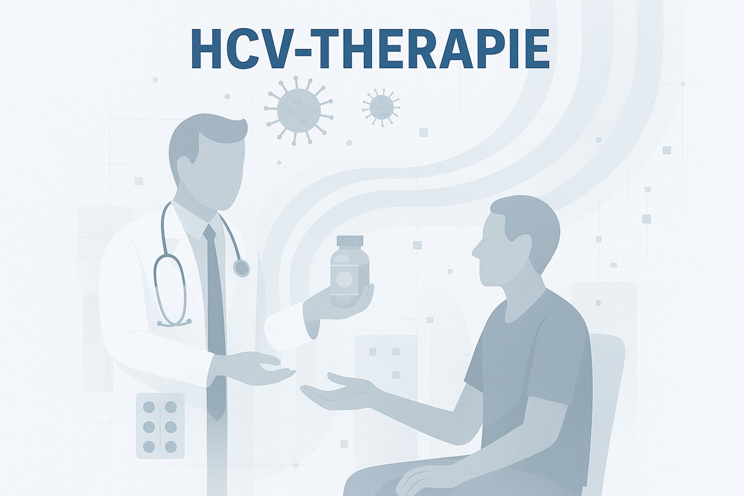 Illustration eines Arztes, der einem Patienten Tabletten zur HCV-Therapie überreicht. 