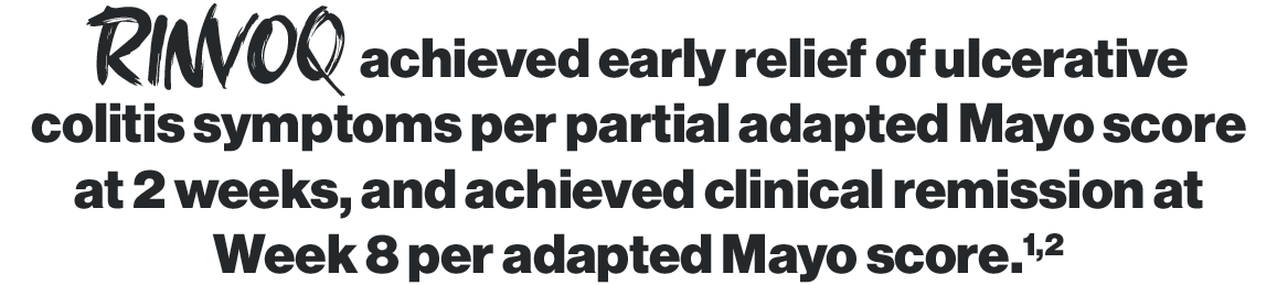 RINVOQ achieved early relief of ulcerative colitis symptoms per  partial adapted Mayo score at 2 weeks, and achieved clinical remission at Week 8 per adapted Mayo score.