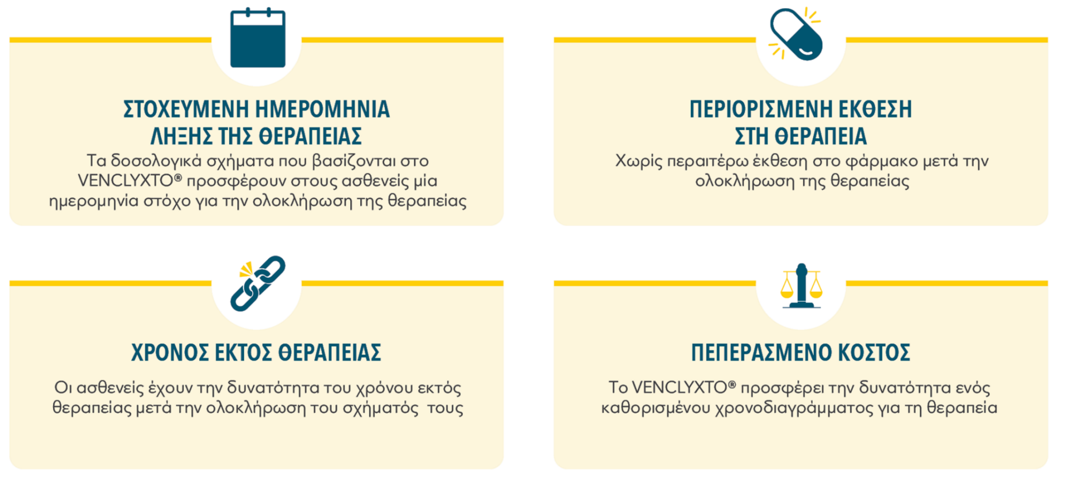 VENCXLYTO regimens offer limited treatment exposure, time off treatment, and fixed cost