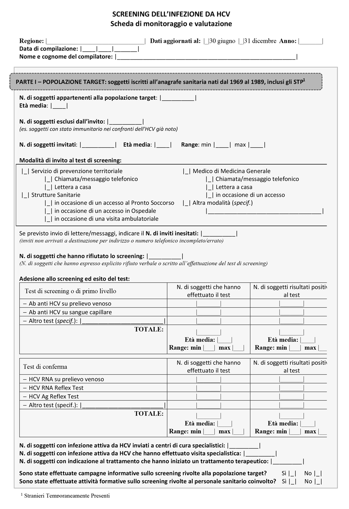 scheda monitoraggio screening HCV