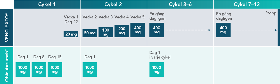 1L dosing: after a cycle of obinutuzumab, initiate once-daily VENCLYXTO treatment with the 5-week dose titration period