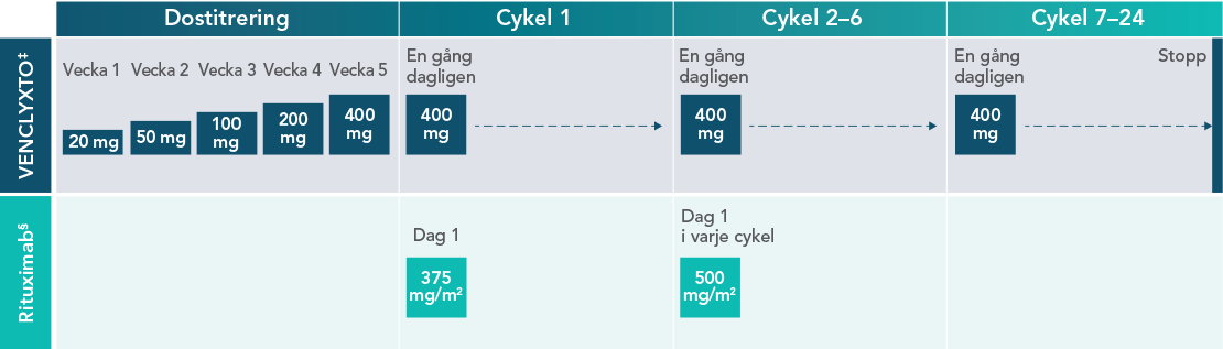 2L+ dosing: after the 5-week dose titration period, VENCLYXTO is taken once daily; rituximab is taken on Day 1 of Cycles 1–24
