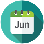 Circular graphic split into two teal shades with a calendar illustration in the center with March in white text 