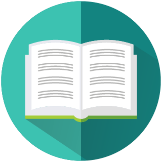 Circular graphic split into two teal shades with an open book with an open book illustration in the centre