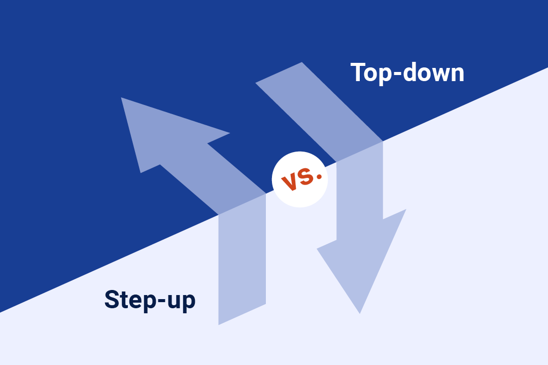 Zwei gegenläufige Pfeile symbolisieren die beiden konträren Therapiekonzepte „Step-up“ und „Top-down“.